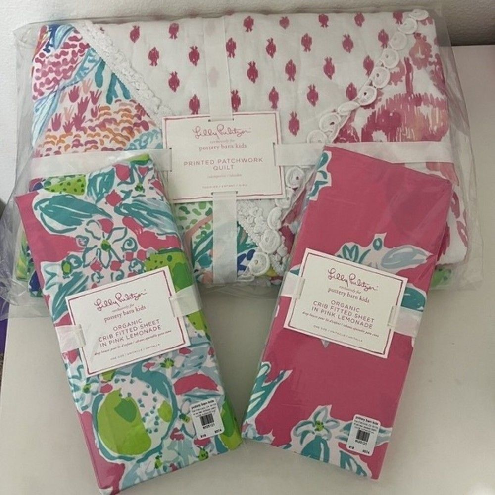 Pottery Barn Kids Lilly Pulitzer Patchwork Toddler Quilt + Set of 2 Crib Sheets